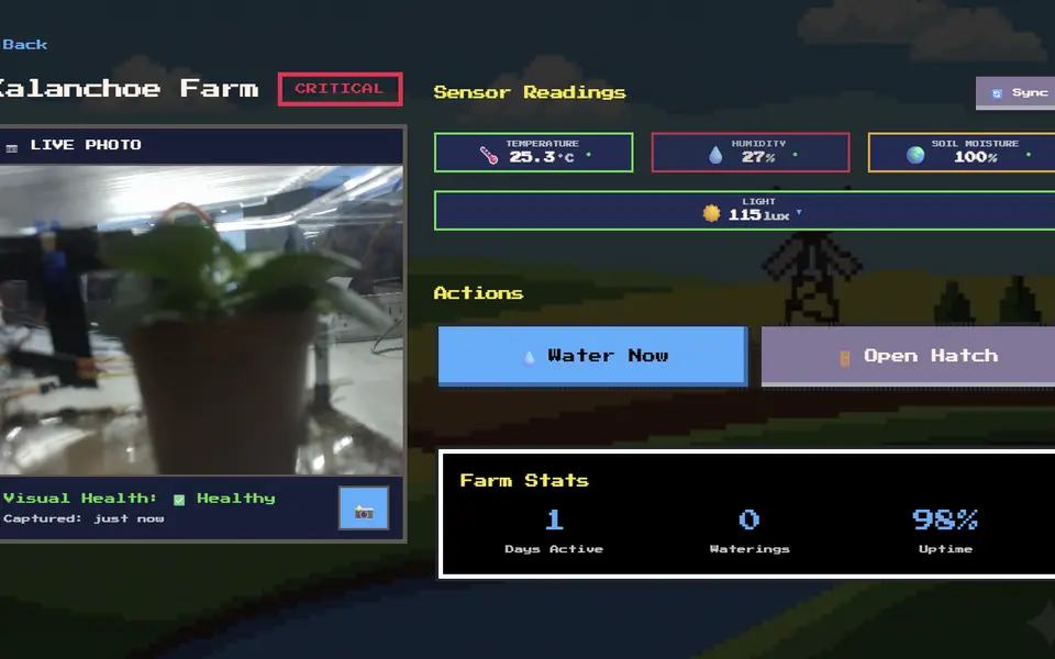 Plante pixel-art farm dashboard